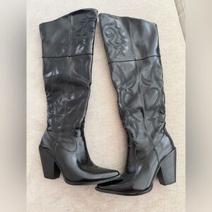 Black Knee-High Western Block Heel Boots